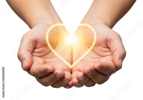 Two hands cupped together holding a glowing heart shape, symbolizing love, care, and connection on a white background.