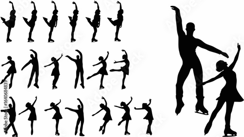 Silhouette illustrations showing ice skaters in various poses and a pair skating together on the ice rink surface