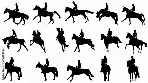 Silhouette illustrations of horses with riders in various poses and action shots on a white background