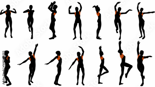 Silhouette illustrations of women in various dance poses and arm movements in a group setting art design
