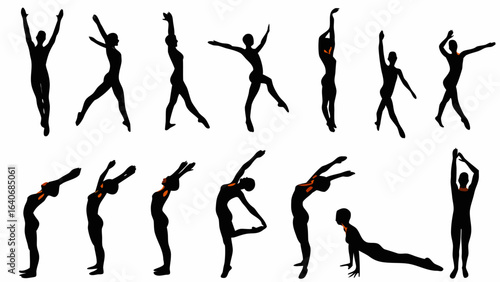 Silhouette of dancers in various poses showing flexibility and movement in a rhythmic and artistic display