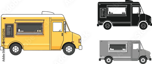Illustration of food trucks in yellow black and gray on a white background