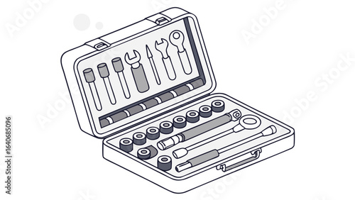 Isometric view of an open tool box containing wrenches sockets and other mechanical repair instruments
