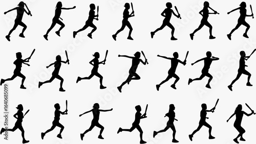 Silhouette depictions of baseball players running with bats in various poses and action shots in a grid layout