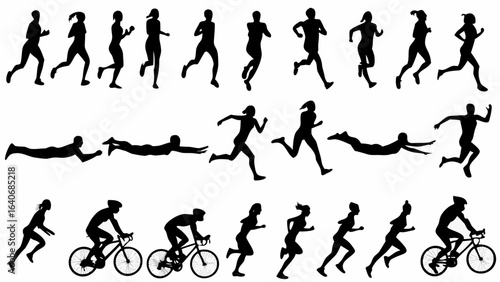 Silhouettes of people running swimming and cycling representing triathlon and other endurance sports activities