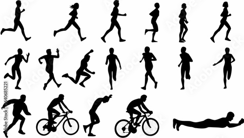 Silhouette illustrations depicting various forms of physical activity and exercise routines shown here