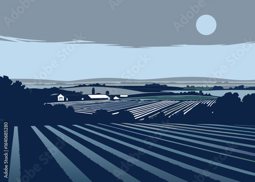 Serene farmhouse with cultivated fields under a soft, hazy moonlit sky