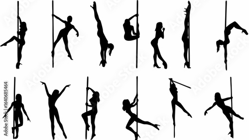 Silhouettes of women performing pole dance moves in various poses and positions on a white background