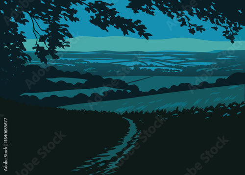 Serene landscape unfolds with rolling hills and a winding path under twilight sky