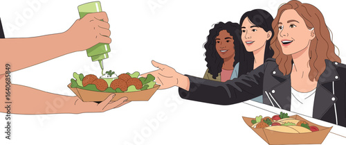 Serving falafel with sauce to a group of smiling women at a food stand