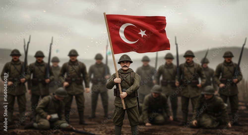 Fototapeta premium Soldiers with the flag in the battleground: A historical illustration showing group of soldiers stand with their flag, on a cloudy day. It evokes a sense of pride, bravery, and sacrifice. 