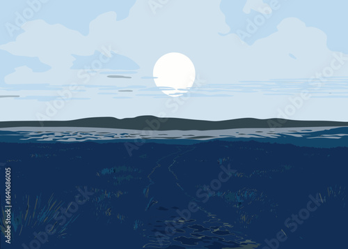 Serene natural landscape with a peaceful path leading towards a gentle horizon under a bright sky