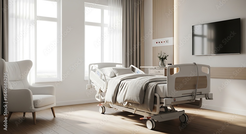Fototapeta premium Modern Hospital Room Interior with Adjustable Bed Comfortable Armchair and Natural Light Streaming Through Windows a Tranquil Environment for Recovery
