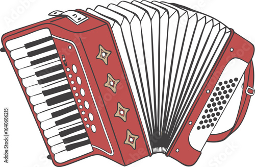 Red Accordion Musical Instrument With White Keys and Bellows sound melody