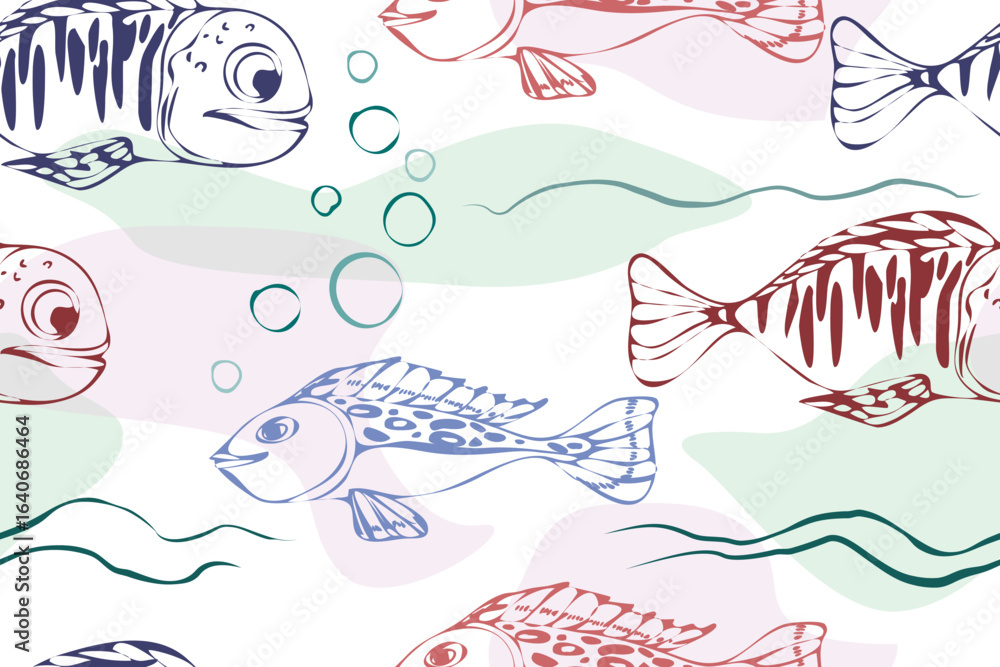 Naklejka premium Seamless pattern. Hand drawn stylized fish. Aquarium texture with fish in doodle sketch style. Vector