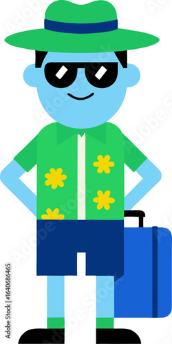 “Cheerful Cartoon Tourist Character with Suitcases in Hawaiian Shirt”