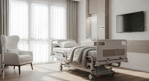Modern Hospital Room Interior with Adjustable Bed Comfortable Chair and Natural Light for Healing and Recovery Focused on Patient Well Being