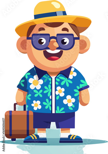 “Cheerful Cartoon Tourist Character with Suitcases in Hawaiian Shirt”