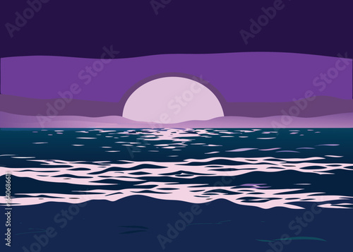 Serene sunset over tranquil water reflects soft pink hues, creating a peaceful, calming seascape