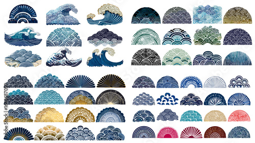 Decorative ocean wave motifs in Japanese style with various textures and colors, ideal for textiles, wallpapers, packaging, and cultural artwork designs.