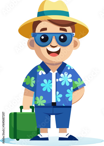 “Cheerful Cartoon Tourist Character with Suitcases in Hawaiian Shirt”