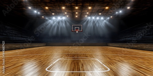 Basketball court side view mockup with hoop and wood parquet.
