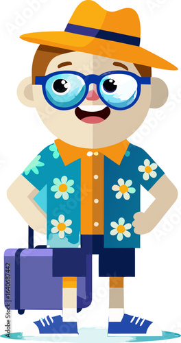 “Cheerful Cartoon Tourist Character with Suitcases in Hawaiian Shirt”