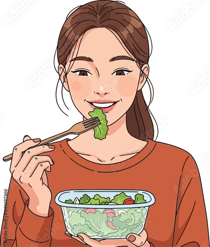 Illustration of a woman eating salad from a container with a fork indoors