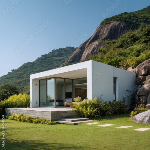 Modern white house nestled in lush green hills