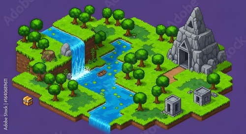 Isometric Pixel Art Game Map with River, Waterfall, Forest and Ancient Ruins | Fantasy Landscape for Game Development and Adventure Marketing