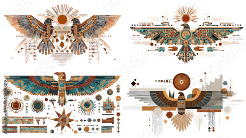 Tribal and symbolic bird illustrations with geometric patterns in earthy tones, inspired by ancient cultural art, ideal for prints, tattoos, and decorative projects.