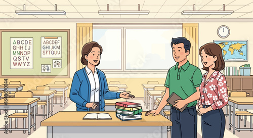 A teacher and two parents in a classroom discuss school supplies.