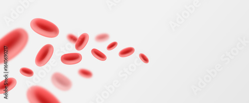 3D red blood cells floating on soft white gradient background, realistic medical illustration of erythrocytes in motion.