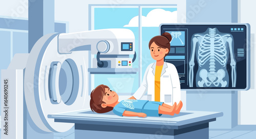 A doctor overseeing a child patient undergoing a medical scan in a hospital setting, with an x-ray image displayed.