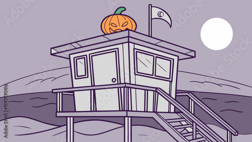 Spooky halloween lifeguard tower with a jack o lantern on top overlooking the ocean under a full moon