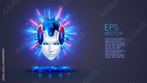 AI or AGI in the form of robot or cyborg head hanging over a podium in neon rays and a megacity behind in cyberspace. Technologies of AI, AGI and neural networks. Wise face of artificial intelligence