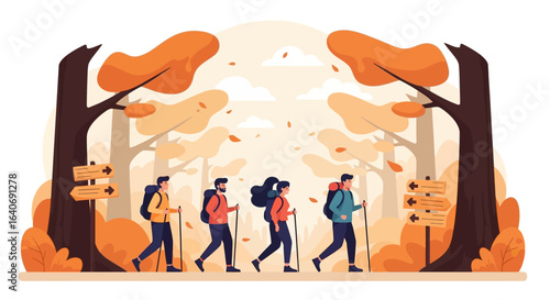 Hikers enjoy an autumn trek through a vibrant forest, navigating with trail markers.
