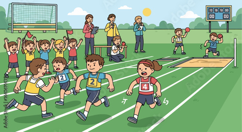 Elementary school children participate in a vibrant track meet, cheered on by teachers and other spectators.