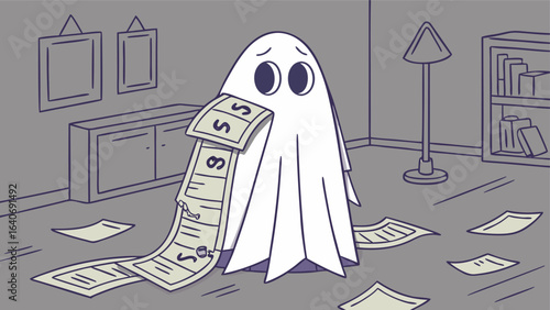 A sad ghost wrapped in a long measuring tape with dollar signs symbolizing financial worries and debt in a messy room