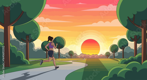 Woman jogging at sunset along a park path, enjoying a tranquil evening run amidst lush greenery.