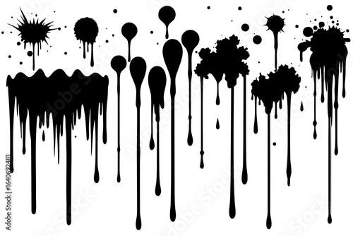 Set of Black Dripping Paint Splatters