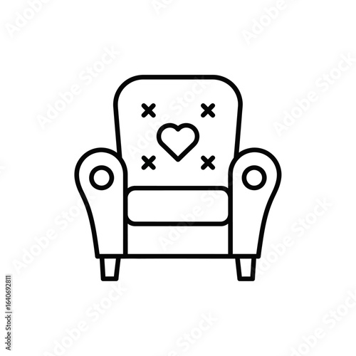Line art illustration of an armchair with a heart and cross decorations on the backrest.