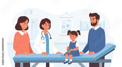 A family visits a doctor with their child for a checkup in a modern clinic.