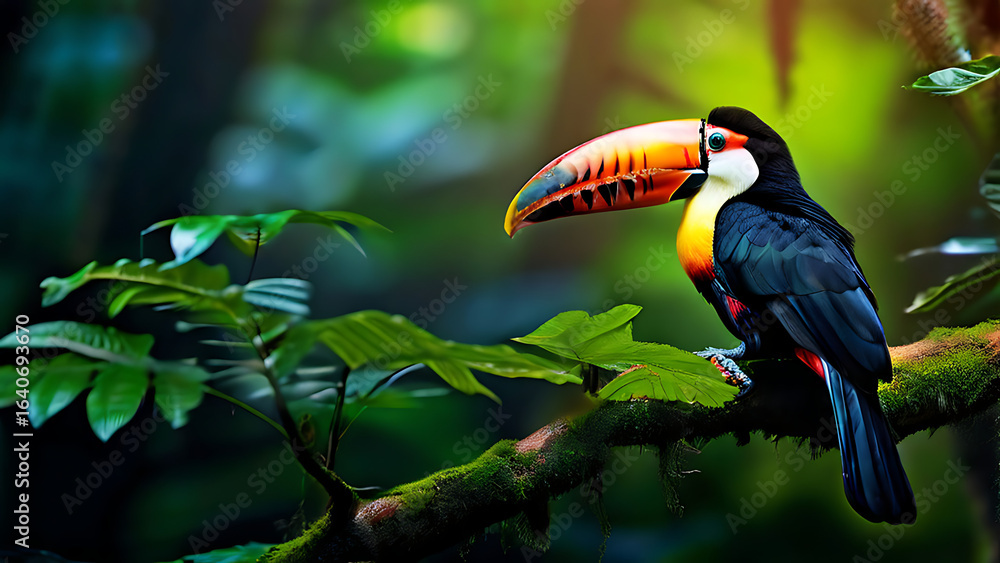 Fototapeta premium two toucan tropical bird sitting on a tree branch in natural wildlife environment in rainfores.