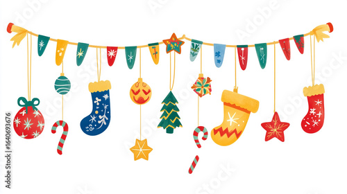Festive christmas garland with ornaments and stockings hanging on a string decoration design