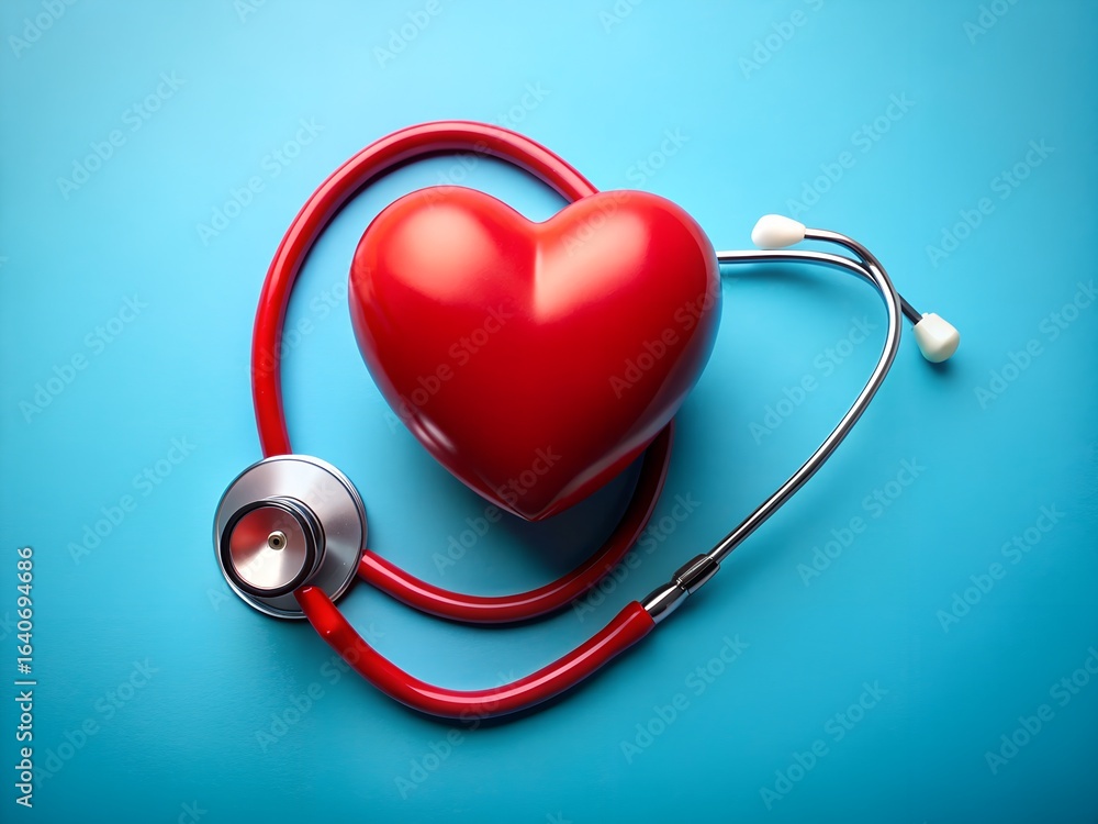 A red heart shape with a stethoscope wrapped around it on a blue background for medical concept A red heart shape with a stethoscope wrapped around it on a blue background for medical concept