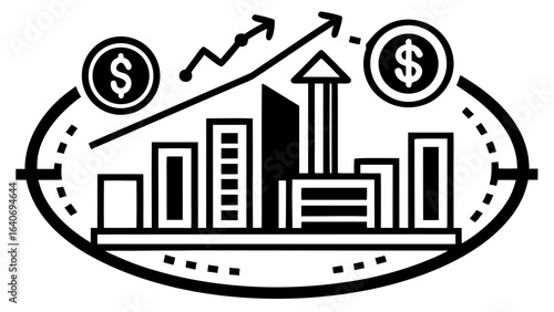 Growth Vector Financial Skyline with Ascending Trends and Dollar Signs