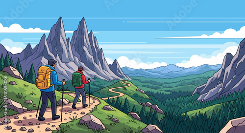Two hikers traverse a mountain trail with stunning views of the jagged peaks and valley.