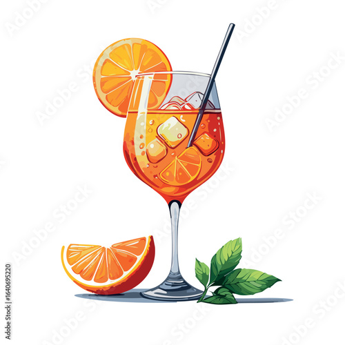 aperol spritz sketch in white background. png background Aperol, Fresh Orange Slice, Prosecco Topped With Ice Cold Soda.