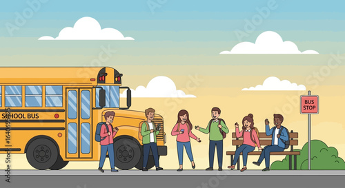 Students wait at a bus stop next to a yellow school bus, some using phones, against a blue sky.